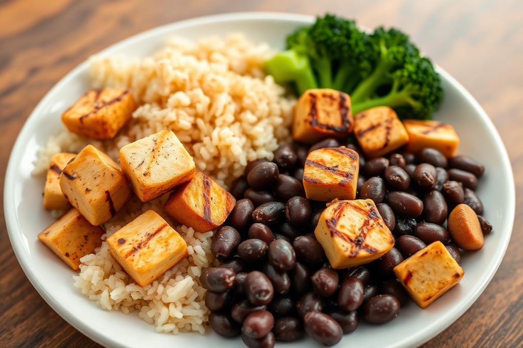 Prato de Arroz, Feijão Preto, Tofu Grelhado e Brócolis