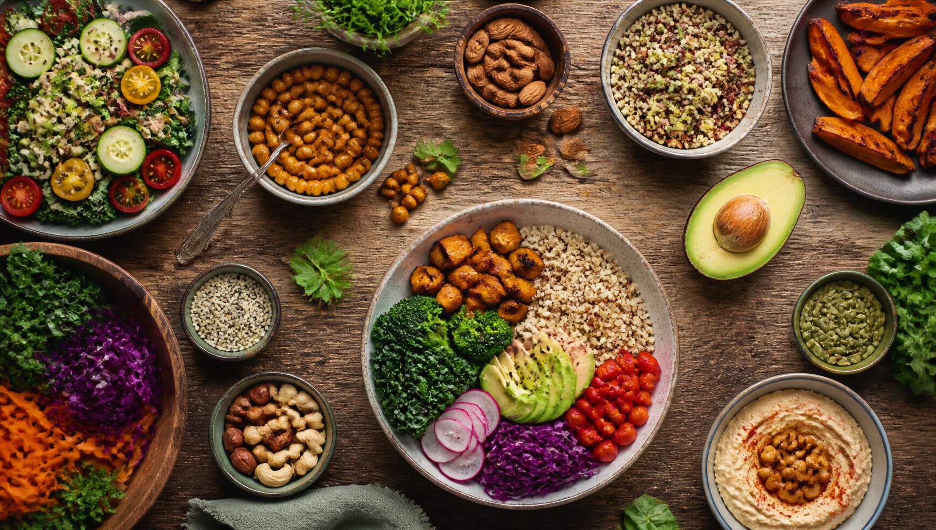 Mesa repleta de alimentos vegetarianos coloridos e nutritivos