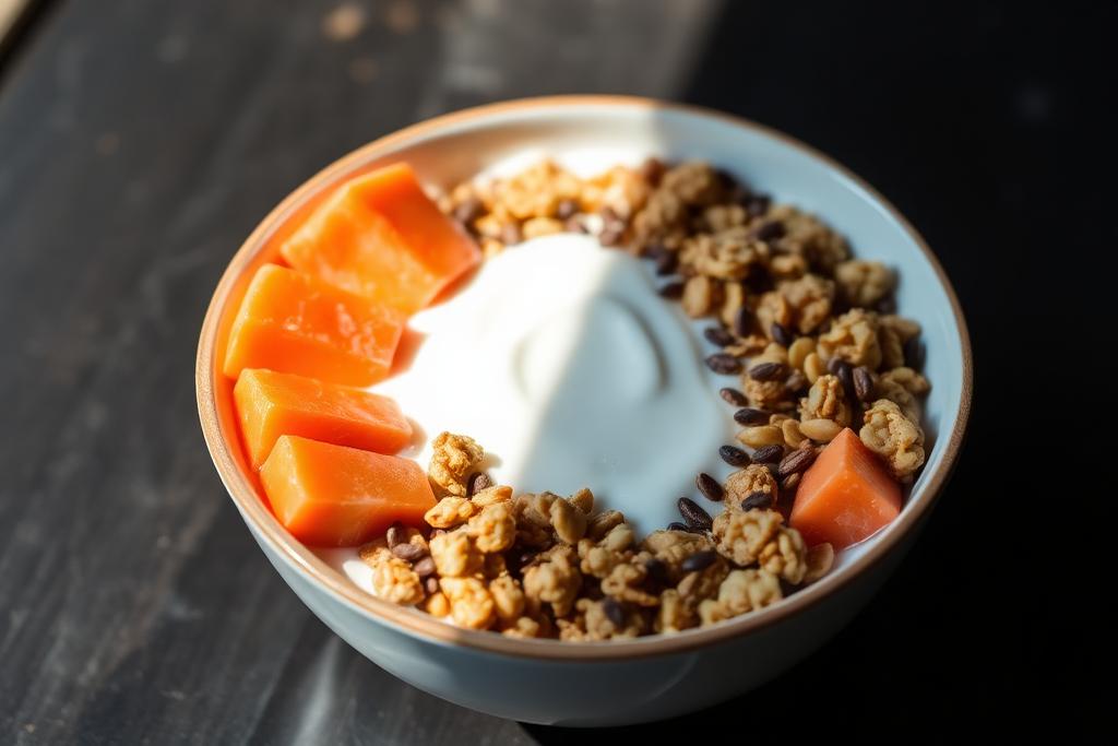Prato de Iogurte Vegetal com Granola, Mamão e Chia