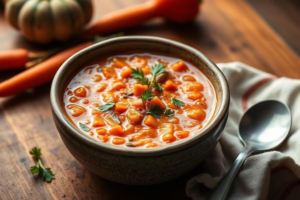 Prato de Sopa de Lentilha com Cenoura e Tomate