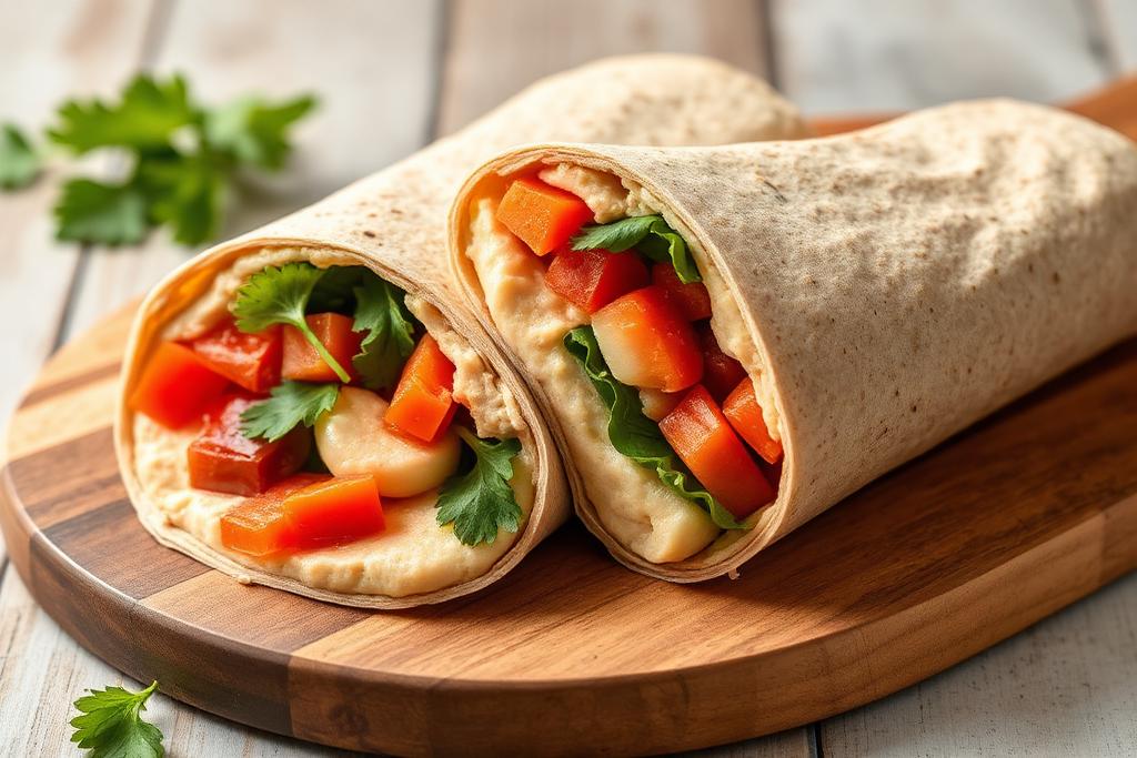 Prato de Wrap Integral com Homus e Vegetais